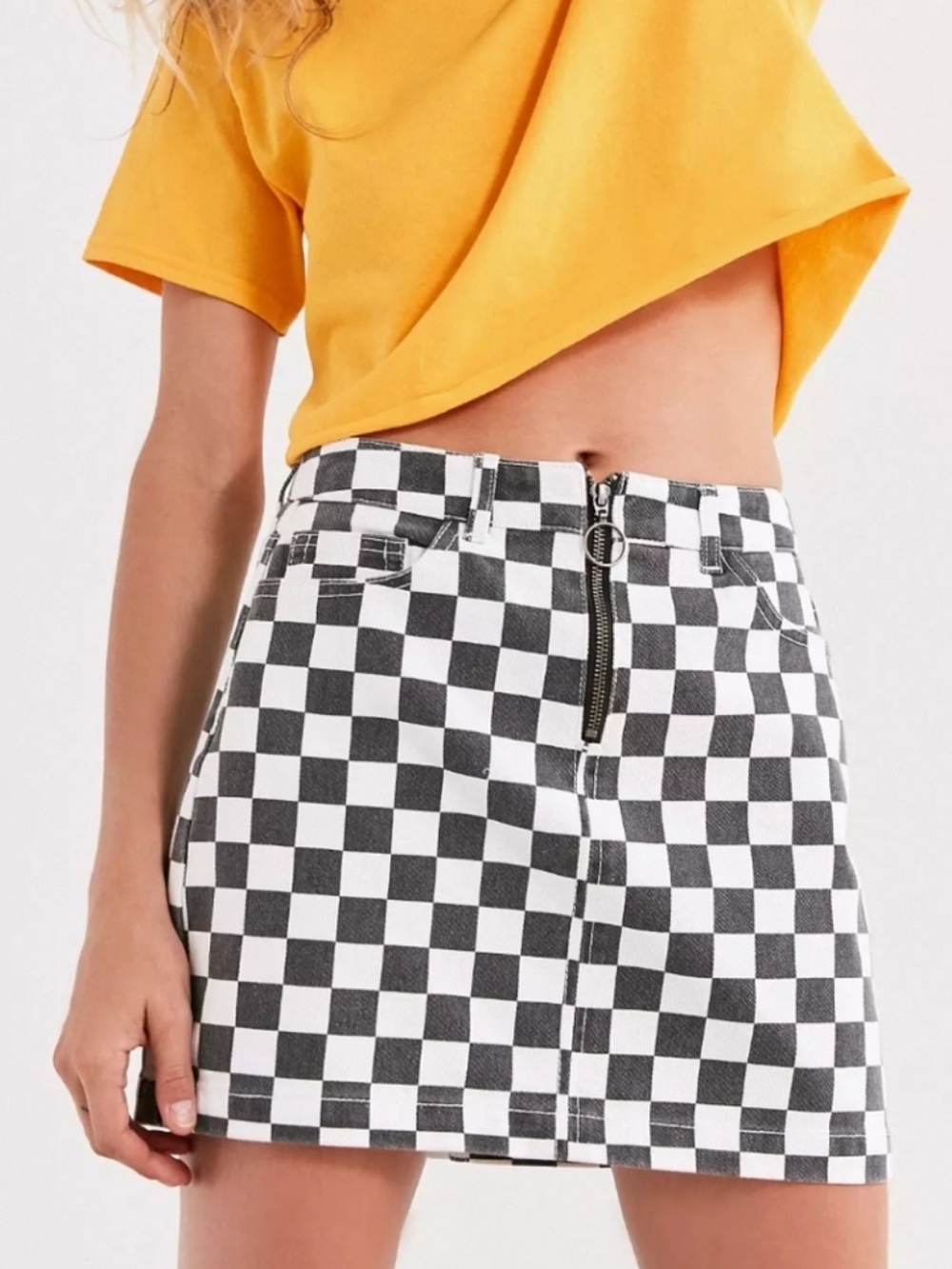 BDG Urban Outfitters Checkered Denim Zip-Front Mini Skirt Black and White Medium